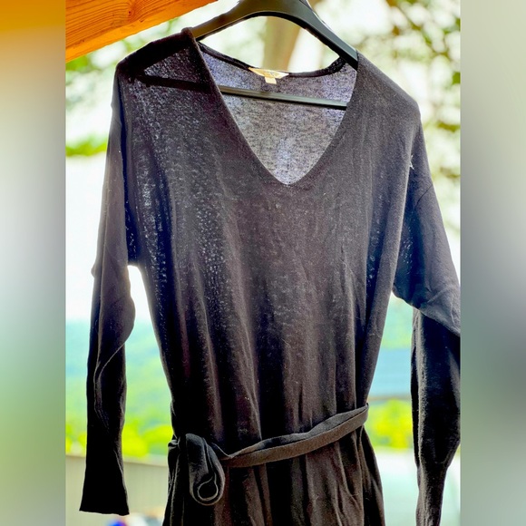 Basic Black, modest v-neck, long sleeve midi dress - Picture 1 of 6